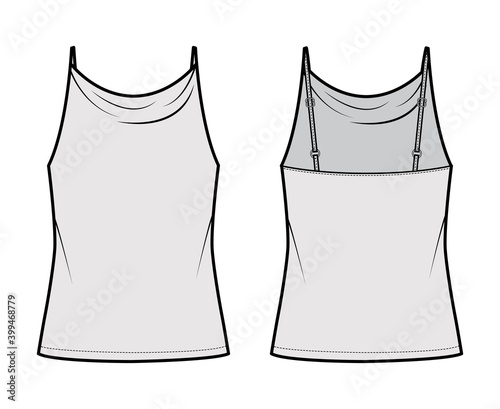 Tank high cowl Camisole technical fashion illustration with thin adjustable straps, oversized, tunic length. Flat apparel outwear top template front, back, grey color. Women men unisex CAD mockup