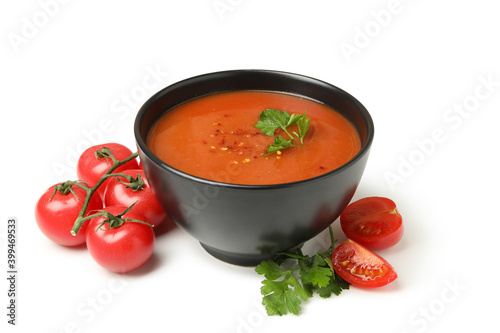 Bowl of tomato soup isolated on white background photo