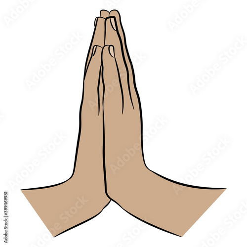 Two human hand folded in pray. Palms pressed together. Namaste gesture. Cartoon style.