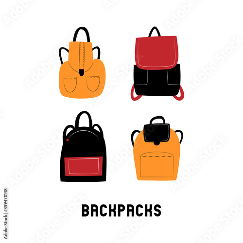 Set of colorful backpacks on white background. Female knapsacks in casual style. Cartoon flat illustration