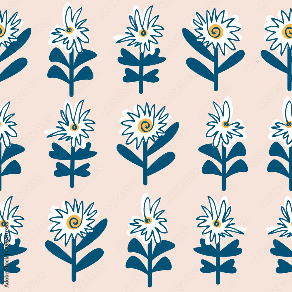 Seamless pattern with simple flat flowers. Vector floral background for fabric, textile, wrapper, wallpaper, surface design Seamless pattern with simple flat flowers. Vector floral background for fabric, textile, wrapper, wallpaper, surface design