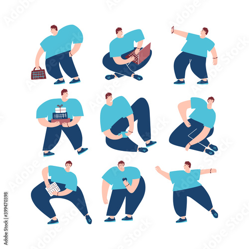 Set of cartoon men in different poses: sitting, sleeping, walking, reading, eating, dancing, working, and resting. Vector flat illustration in white background