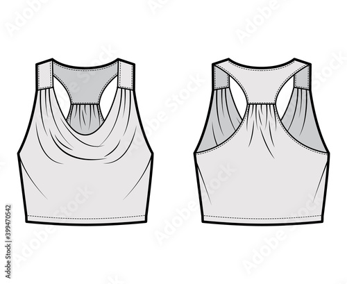 Tank racerback cowl crop top technical fashion illustration with ruching, oversized, waist length. Flat apparel outwear shirt template front, back, grey color. Women, men unisex CAD mockup