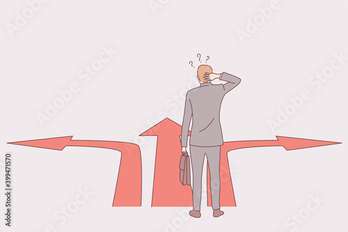 Strategy, business direction, way choice concept. Businessman standing at crossroads and thinking about right path. Pathway selection dilemma vector illustration