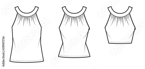 Set of Tops rounded neck band tank technical fashion illustration with ruching, fitted oversized body, tunic and waist length hem, button keyhole. Flat template front white color. Women men CAD mockup