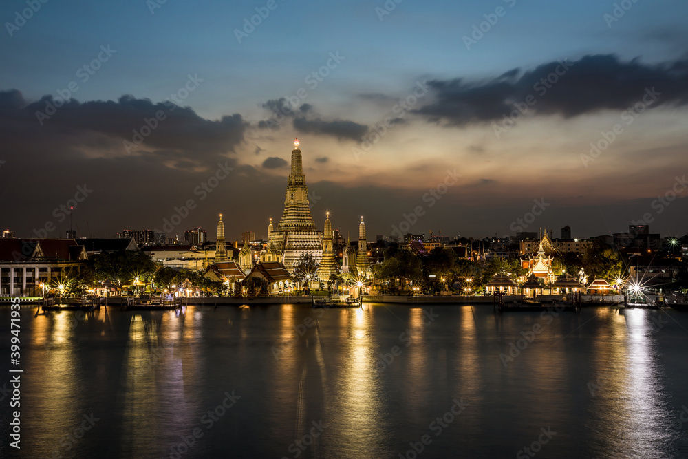 Wat Arun Temple at twilight in Bangkok, Thailand.