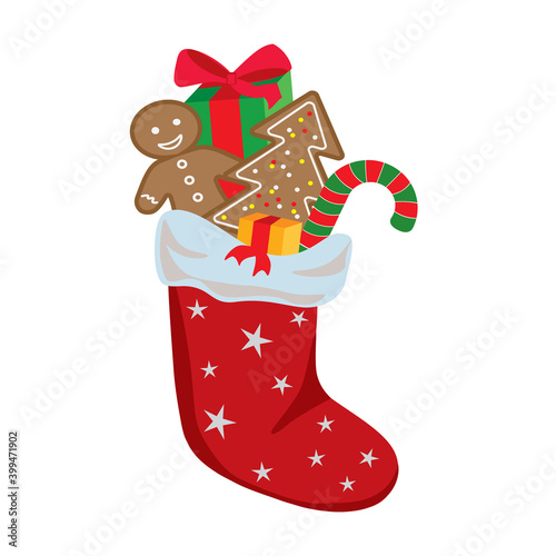 Christmas stocking with gifts and gingerbread, traditional Christmas presents, flat design, vector illustration.