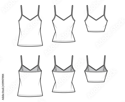 Fotografia Set of Camisoles V-neck cotton-jersey top technical fashion illustration with thin straps, oversized or slim body, tunic or crop length