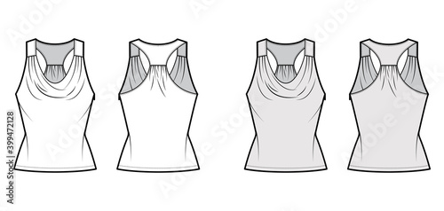 Tank racerback cowl top technical fashion illustration with ruching, fitted body, tunic length. Flat apparel outwear shirt template front, back, white grey color. Women, men unisex CAD mockup