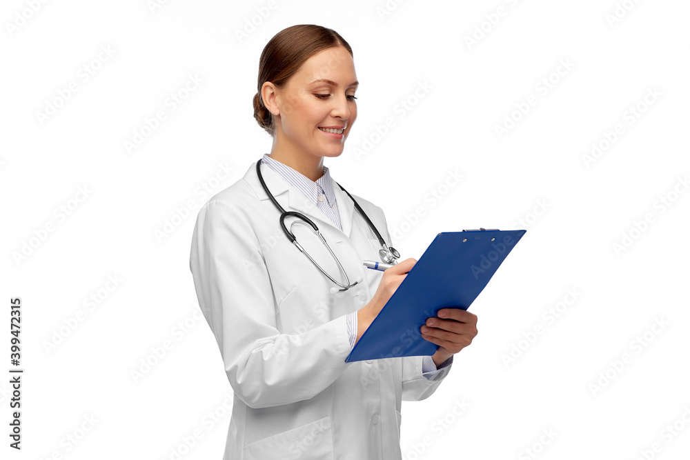medicine, profession and healthcare concept - happy smiling female doctor in white coat with clipboard and pen medicine, profession and healthcare concept - happy smiling female doctor in white coat with clipboard and pen