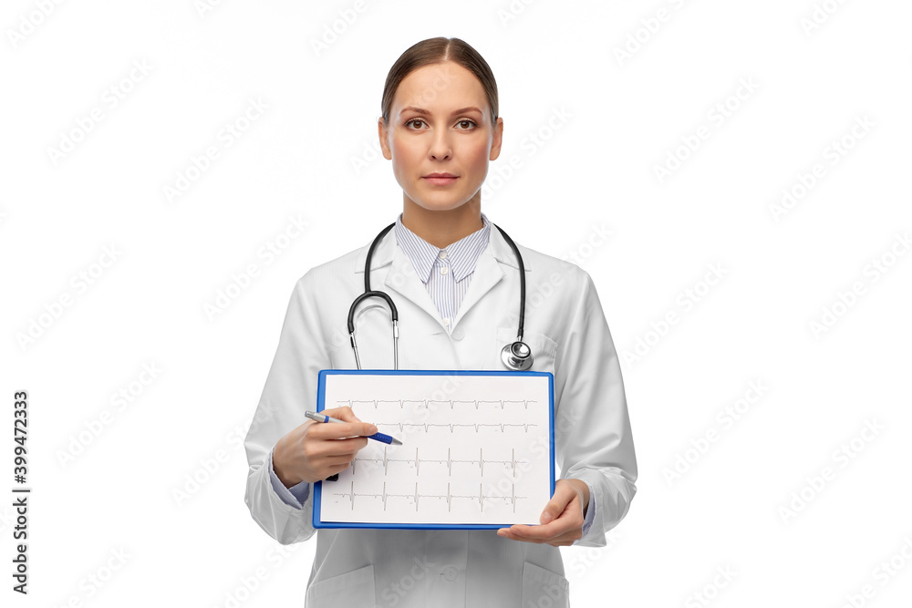 medicine, profession and healthcare concept - female doctor with cardiogram on clipboard over white background medicine, profession and healthcare concept - female doctor with cardiogram on clipboard over white background