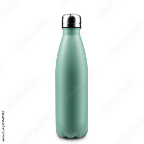Close-up of reusable steel thermo water bottle isolated on white background. Tidewater green of color, 2021 trend.