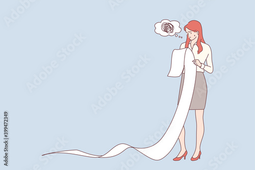 Payment, giant bill and costs, frustration on work concept. Sad young business woman holding big task list, paper document, shopping bill, tax invoice and feeling stressed about price or amount 
