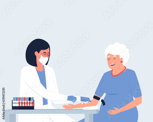 Close-up of the illustrations where a nurse takes blood from a vein for analysis from an elderly woman. A general blood test is prescribed for routine preventive examinations. Flat vector illustration
