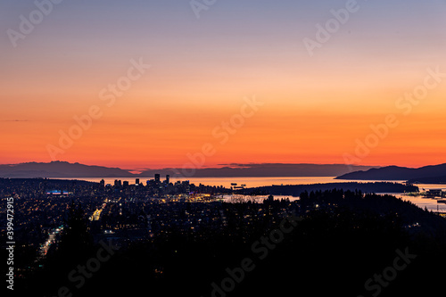 Panorama of Vancouver  Canada at sunset with Vnacouver Island in the distance