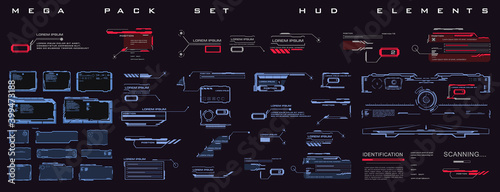 Mega pack set HUD elements in cyber style. Techno frames, callouts, information blocks, robotics elements. Cyber techno frame for the HUD user interface
