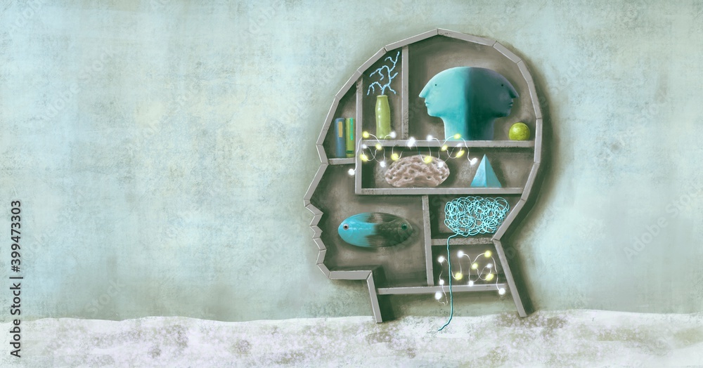 conceptual artwork, surreal portrait art, choice brain think concept painting ,imagination of human head ,3d illustration conceptual artwork, surreal portrait art, choice brain think concept painting ,imagination of human head ,3d illustration