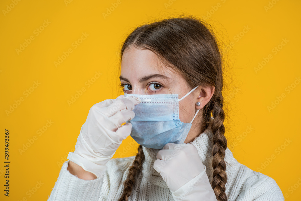 before going out. girl in respirator medical mask. patient in safety item. hygiene on coronavirus pandemic. she needs virus vaccine. epidemic outbreak quarantine. lockdown. covid-19 and healthcare
