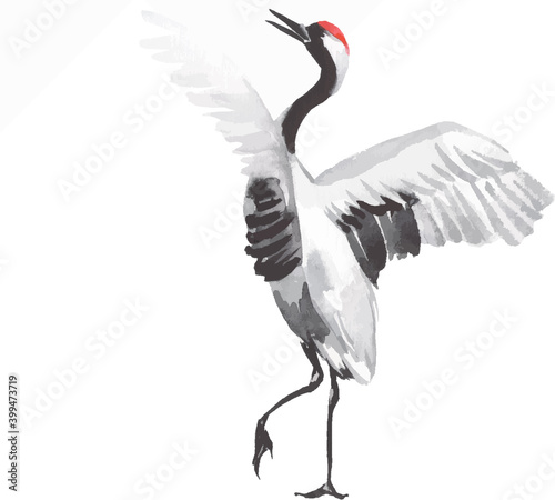 Japan traditional sumi-e painting. Fuji mountain, crane, sunset. Japan sun. Indian ink illustration. Japanese picture on rice paper. Vector drawing.