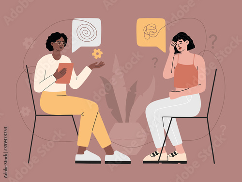 Psychotherapy help counseling concept. Woman with depression sitting and talking with psychologist. Girl with mental health problem and disorder, modern trendy vector illustration in flat carton style