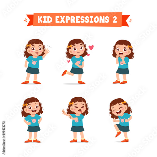 cute little kid girl in various expressions and gesture set
