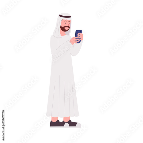 Arabian Hipster Man Play with Smartphone Flat Illustration