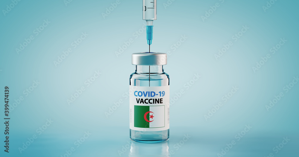 COVID-19 Coronavirus Vaccine and Syringe with flag of Algeria