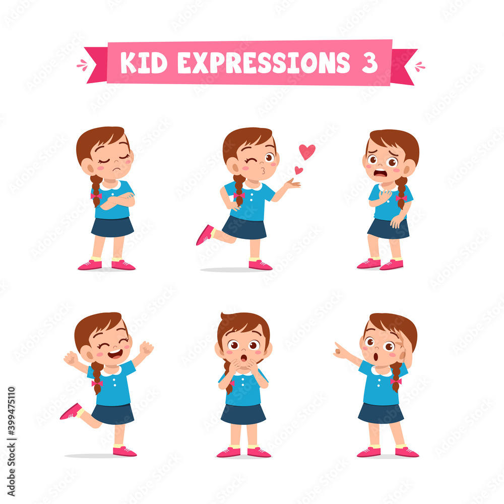 cute little kid girl in various expressions and gesture set cute little kid girl in various expressions and gesture set