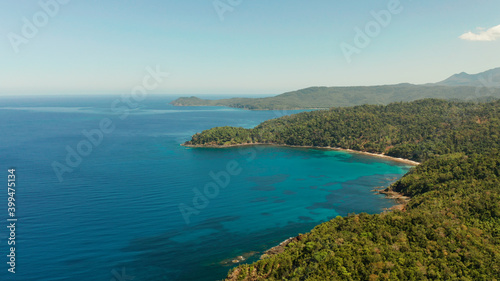 aerial view coastline of tropical island with coral reef and blue lagoon. Palawan, Philippines. tropical landscape. Seascape island and clear blue water. tropical landscape, travel concept