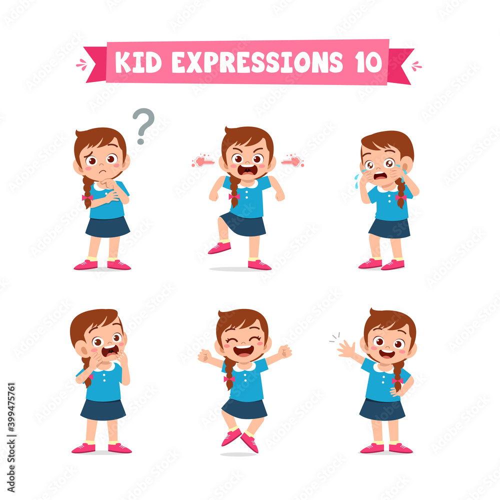 cute little kid girl in various expressions and gesture set cute little kid girl in various expressions and gesture set