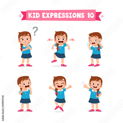 cute little kid girl in various expressions and gesture set