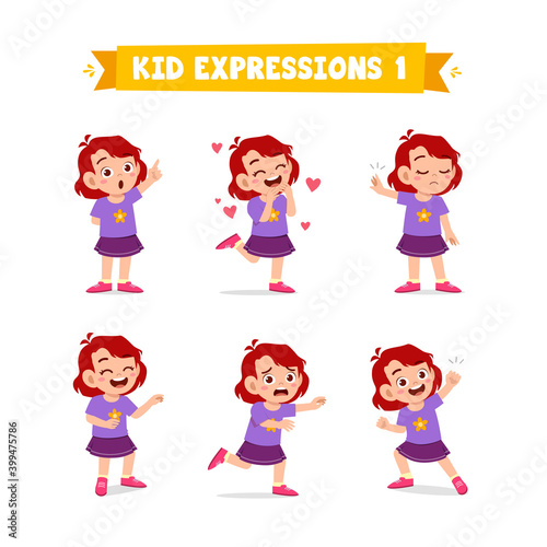 cute little kid girl in various expressions and gesture set