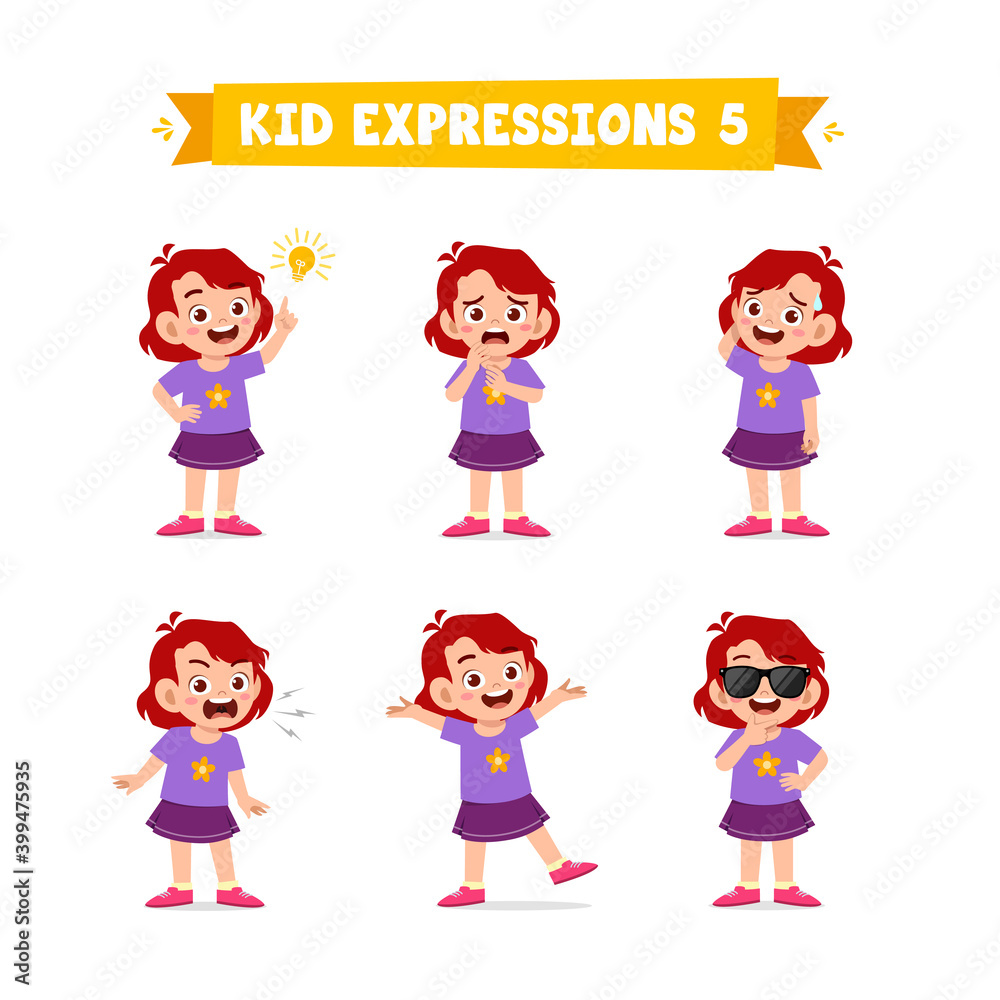 cute little kid girl in various expressions and gesture set cute little kid girl in various expressions and gesture set