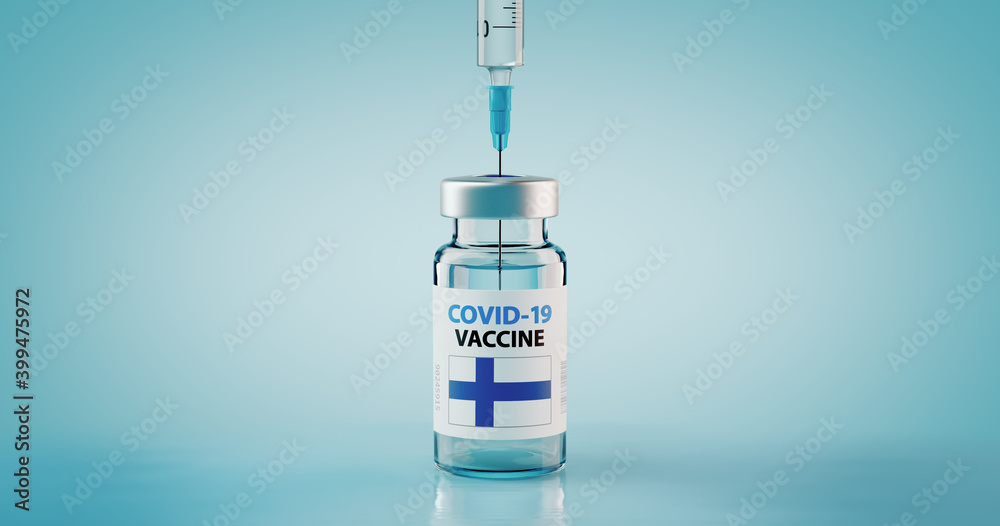COVID-19 Coronavirus Vaccine and Syringe with flag of Finland COVID-19 Coronavirus Vaccine and Syringe with flag of Finland