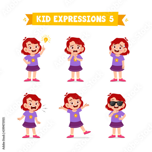 cute little kid girl in various expressions and gesture set