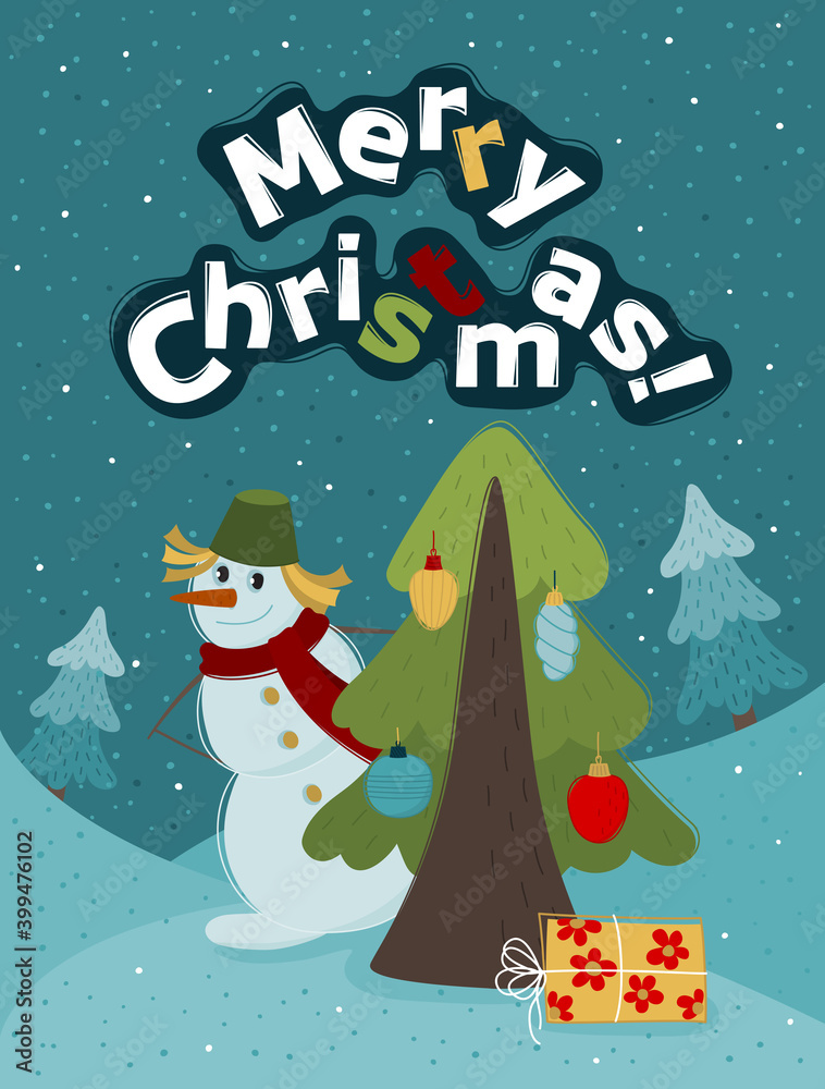 Funny snowman waiting for christmas. New year banner for your design. Vector Christmas card template