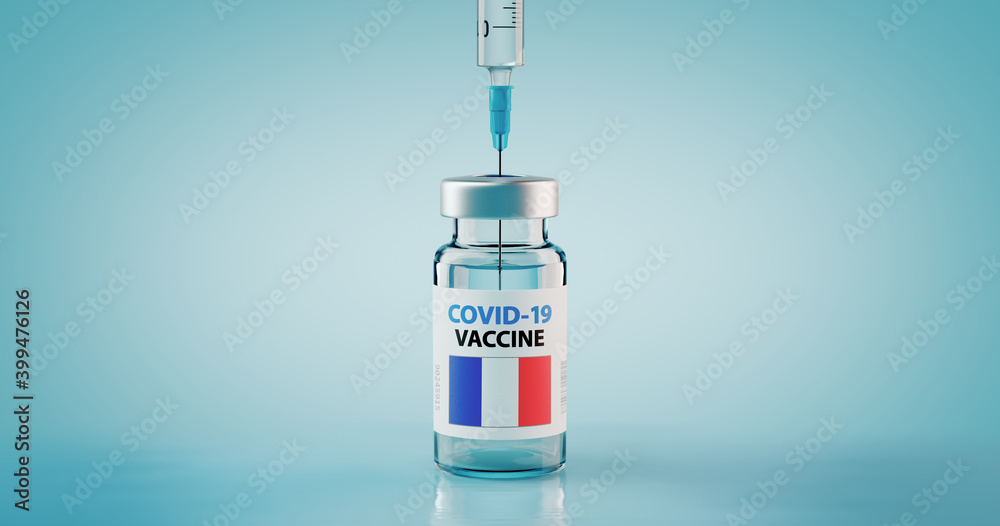 COVID-19 Coronavirus Vaccine and Syringe with flag of France COVID-19 Coronavirus Vaccine and Syringe with flag of France
