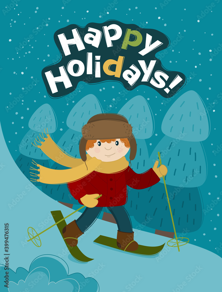 Naklejka premium Boy is skiing down a snowy mountain. New year banner for your design. Vector Christmas card. 