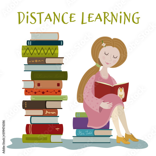 The girl is studying at home. A schoolgirl is reading books at a distance learning center. Vector illustration concept coronavirus COVID-19. Stay at home
