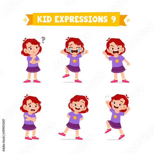 cute little kid girl in various expressions and gesture set