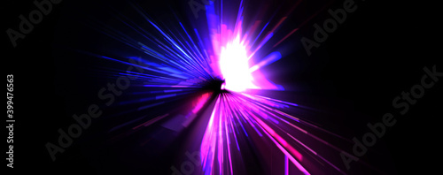 Futuristic lens flare. Light explosion star with glowing particles and lines. Beautiful abstract rays background.