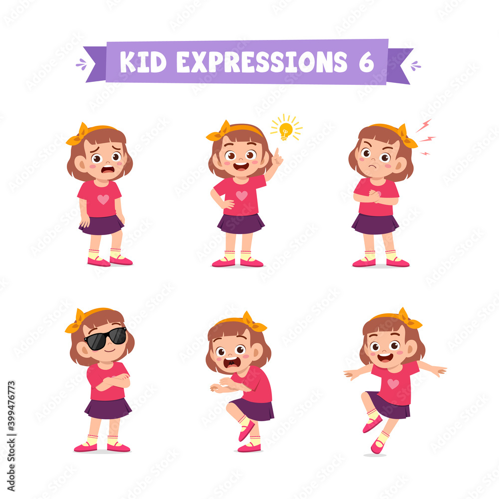 cute little kid girl in various expressions and gesture set cute little kid girl in various expressions and gesture set