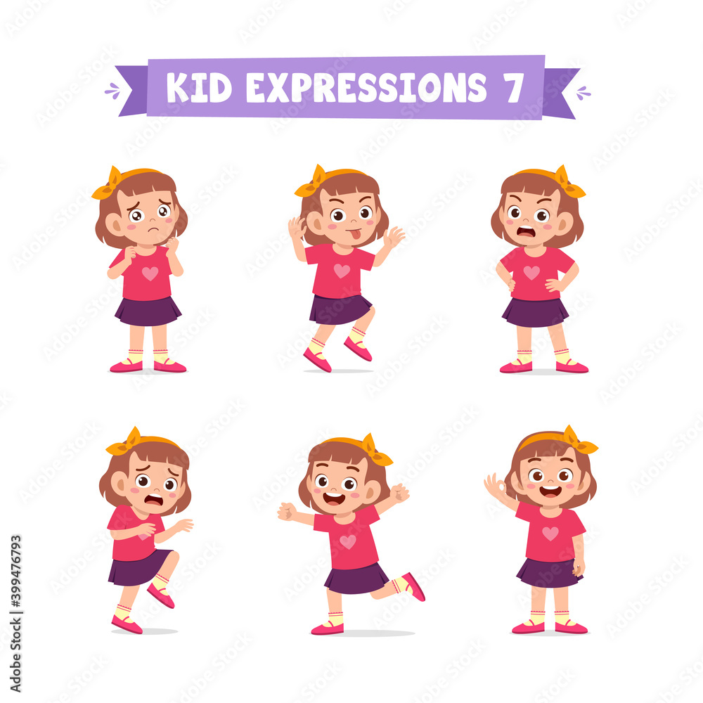 cute little kid girl in various expressions and gesture set cute little kid girl in various expressions and gesture set