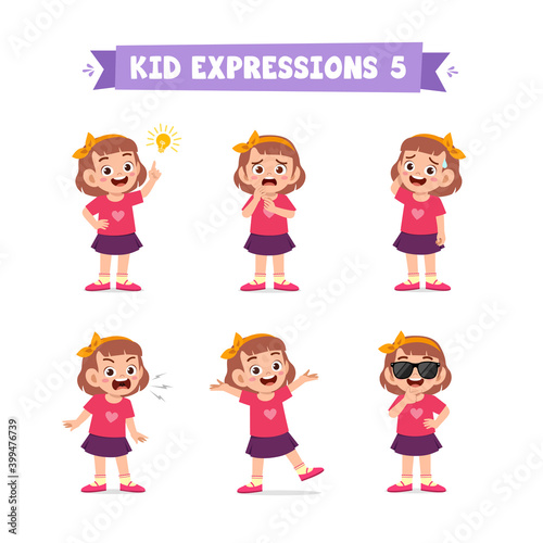 cute little kid girl in various expressions and gesture set