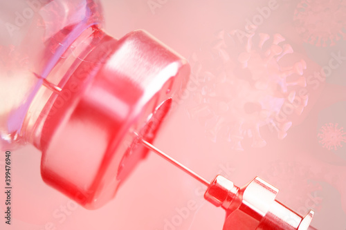 close up covid-19 vaccine vial dose for medical research concept on red scene coronavirus