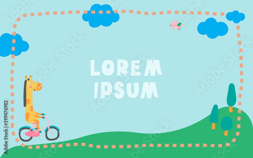 frame decoration, border, transportation, baby shower invitation, illustration for child, picture frame, wallpaper, animal cartoon backgrounds. giraffe bike a bicycle.