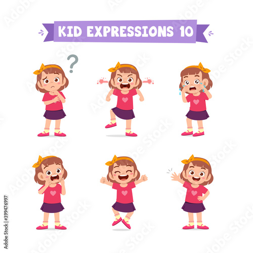 cute little kid girl in various expressions and gesture set