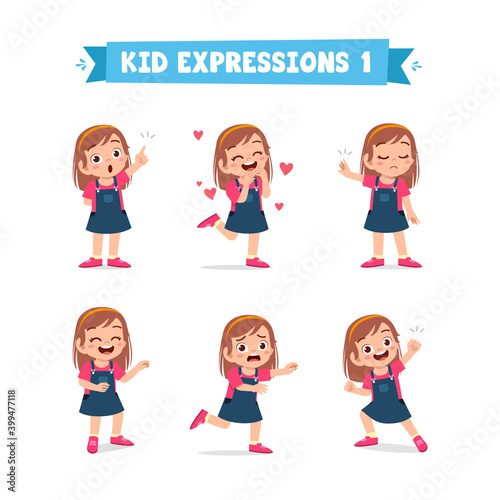 cute little kid girl in various expressions and gesture set