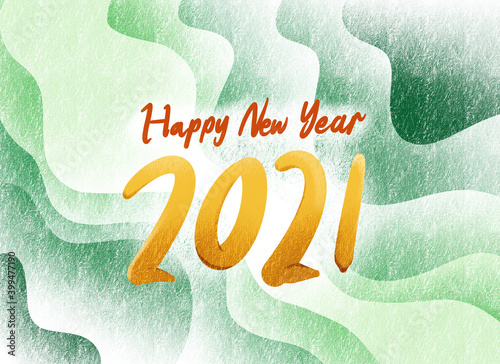 happy new year greeting card 2021. Cute illustration on textured green background