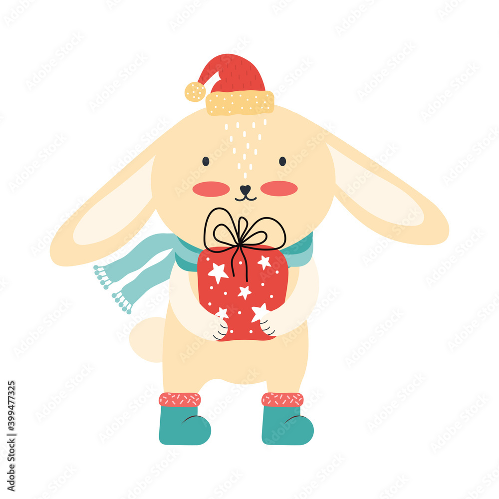 Fototapeta premium Cute yellow baby rabbit in Santa hat with Christmas gifts. Christmas funny cartoon animal isolated on a white background. Hare having fun on winter holidays. Happy new year. Vector flat illustration.